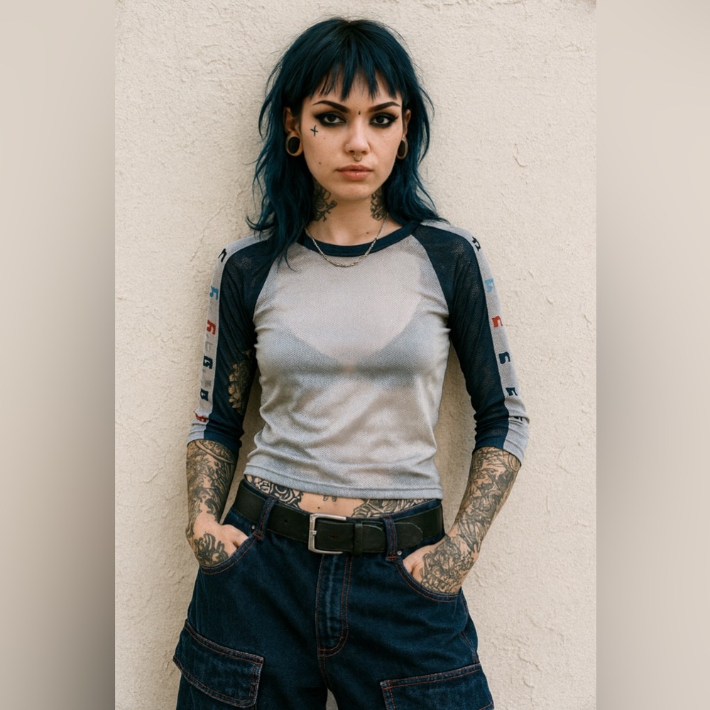 VINTAGE Y2K mesh rave top silver blue graphic back pocket club festival wear